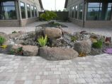 Commercial building open space with a brick paver walkway and rock garden