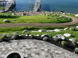 Patio and fireplace with lighted pathway