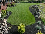 Lawn from porch with natural rock and mixed grasses and plants