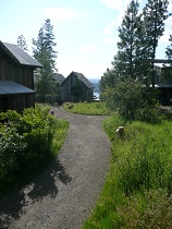 Lighted pathway cutting through native grasses to outbuildings