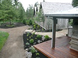 Rock path and steps leading to clay path overlooked by porch