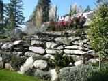 Crushed, aged granite retaining wall with perennial flowers and ground cover